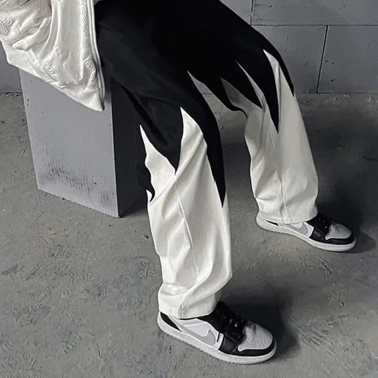 Men's straight track pants with black and white flame panels