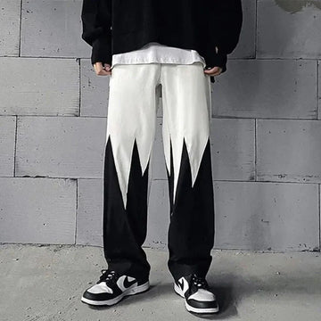 Men's straight track pants with black and white flame panels, elastic cuffs