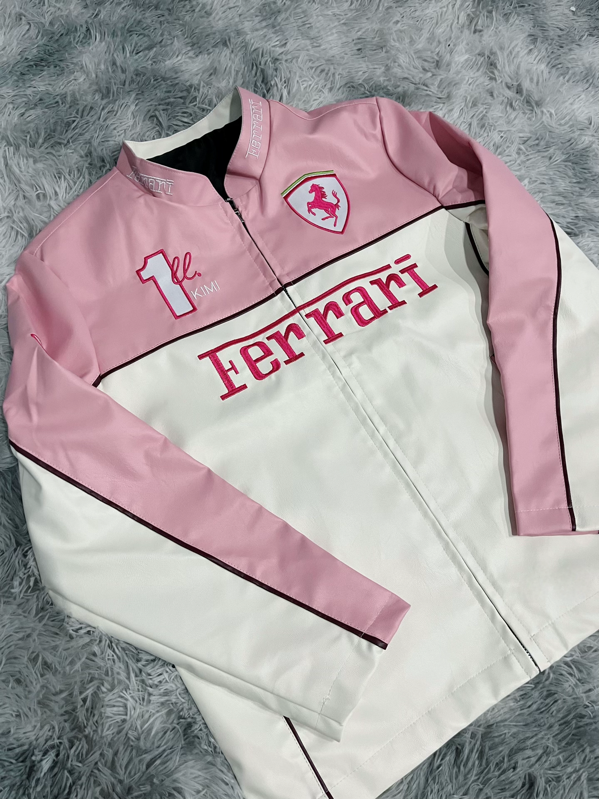 Model Wearing Limited Edition Pink Ferrari Jacket β Bold Streetwear Look