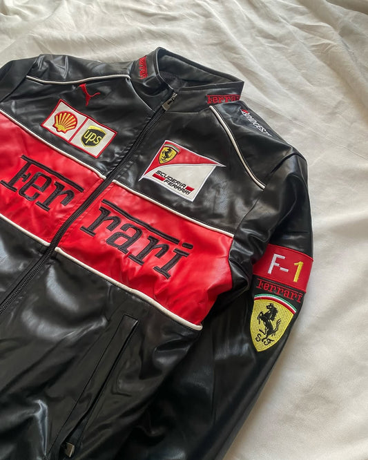 Black Ferrari Leather Jacket – Motorsport Edge Meets Streetwear Swag