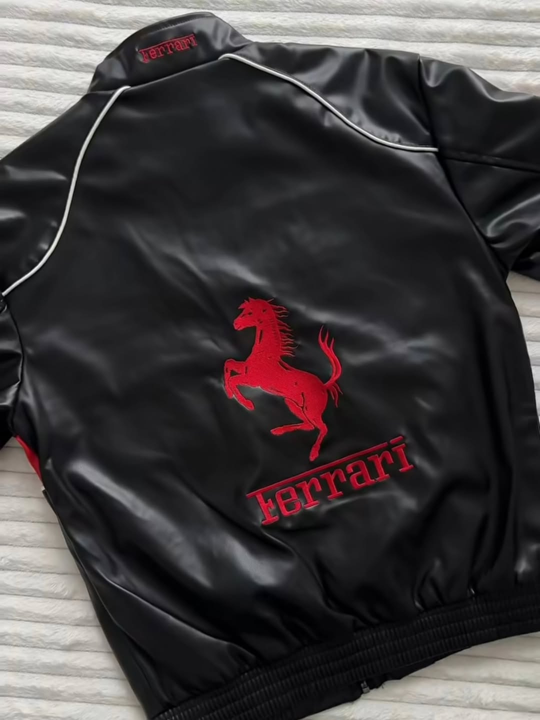Black Ferrari Leather Jacket – Motorsport Edge Meets Streetwear Swag
