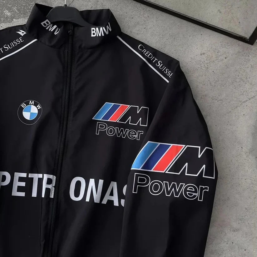 Black racing jacket with zip front, stand collar, BMW and M Power logo print