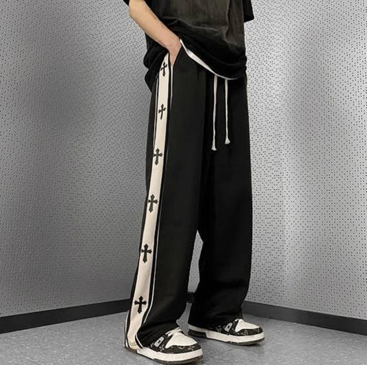 Y2K Harajuku Cross Print Baggy Track Pants – Wide Leg Streetwear Vibes