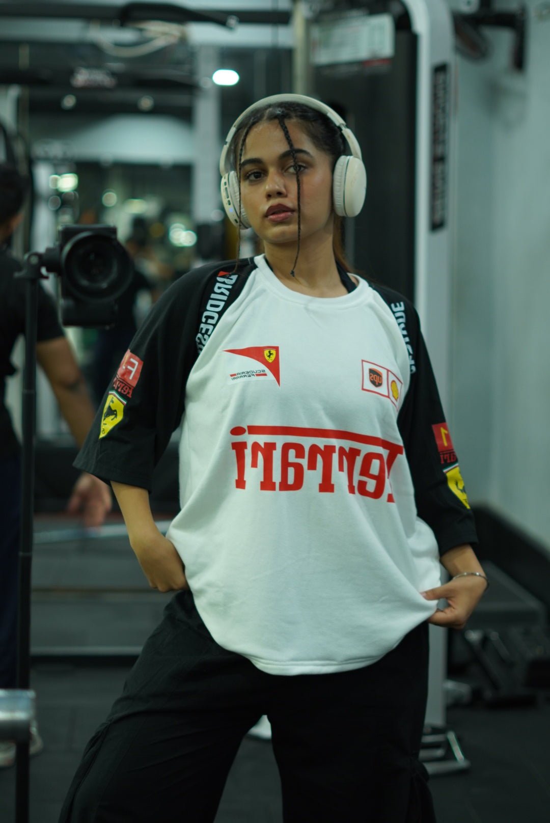 White crewneck racing T-shirt with red graphic front and Ferrari shield emblems
