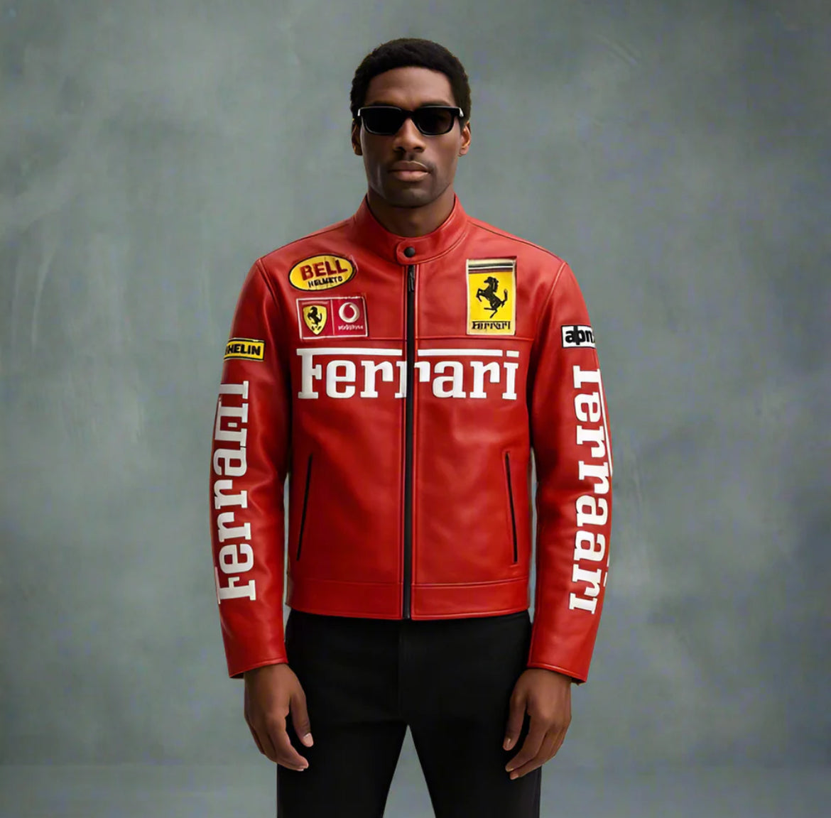 Red Ferrari-inspired moto jacket on model, front zip, stand collar, and logo sleeve graphics