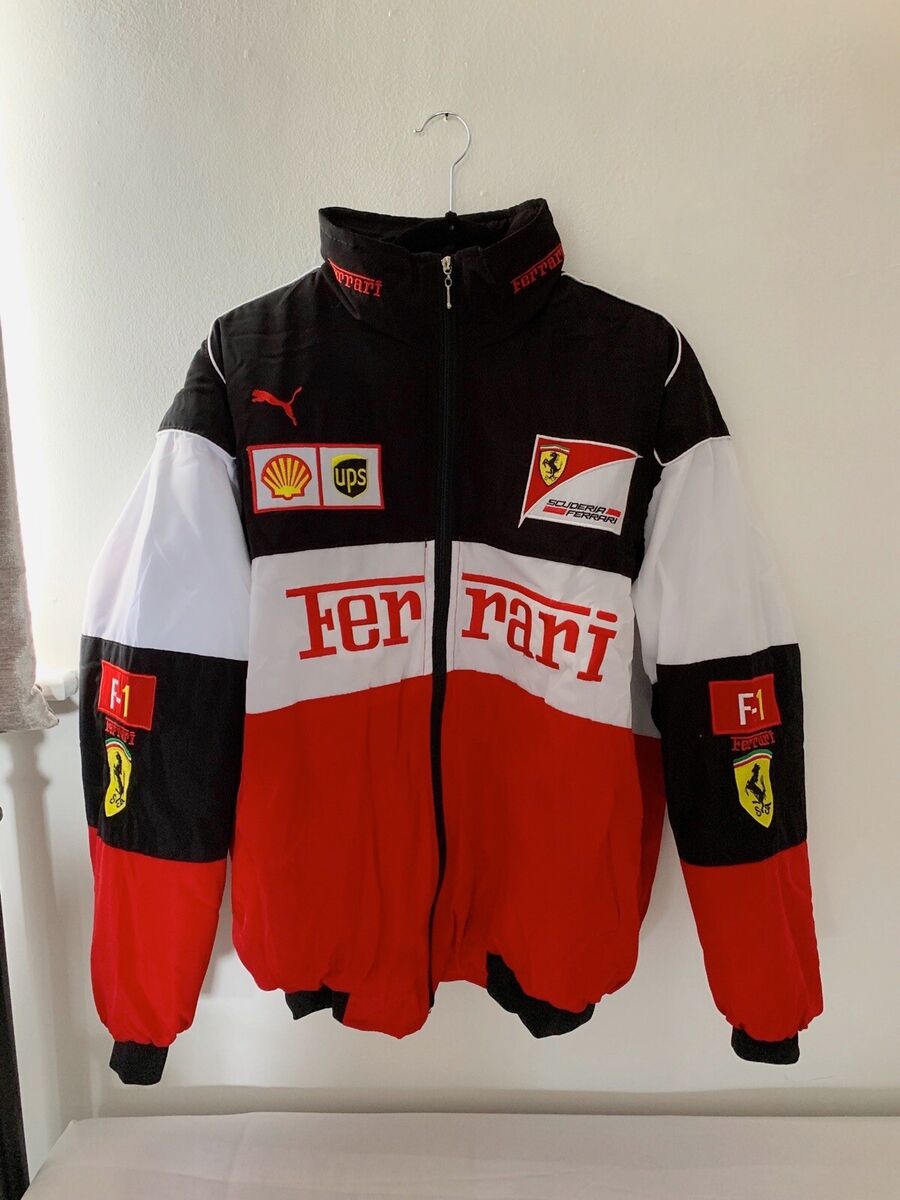 Black, red and white racing jacket with full-zip front and team sponsor patches