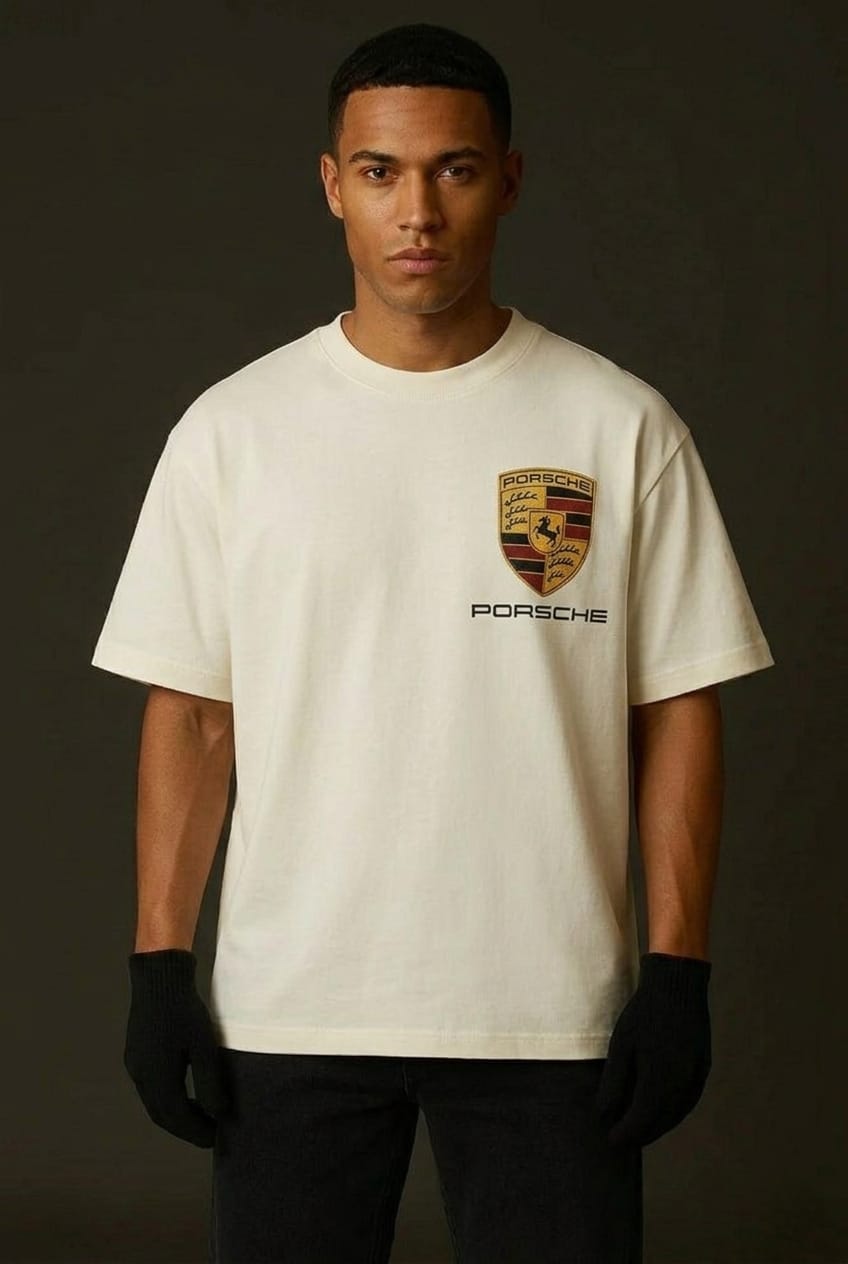 White crew-neck T-shirt with Porsche shield graphic on chest