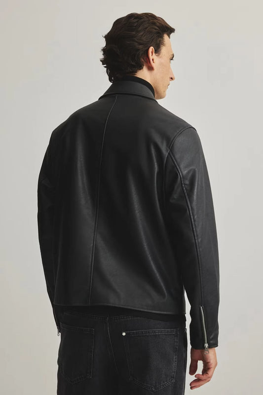 Black Boxy Leather Jacket – Oversized Streetwear Zip-Up with Matte Finish