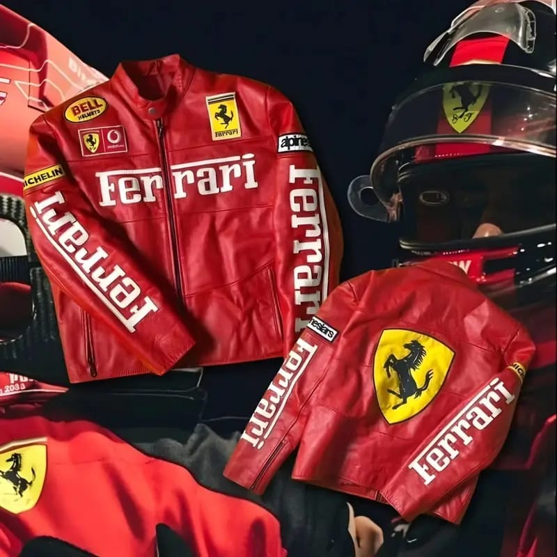 Red leather racing jacket with Ferrari shield chest patch and arm sponsor lettering