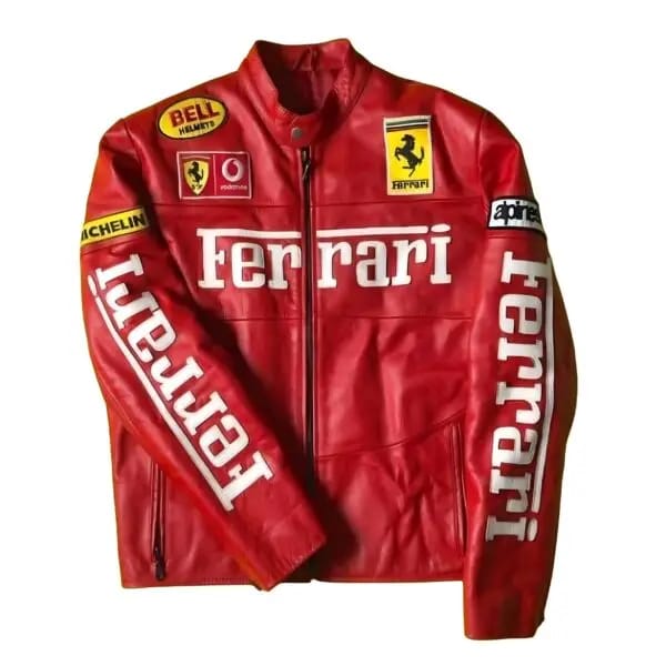 Red leather racing jacket with front zipper, Ferrari shield and sponsor patches