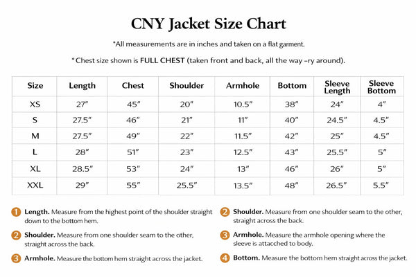 CNY jacket size chart with measurements for lengths, chest, and sleeves