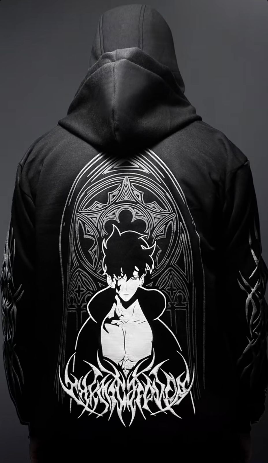 Black zipper balaclava hoodie with front character graphic and flame emblem.