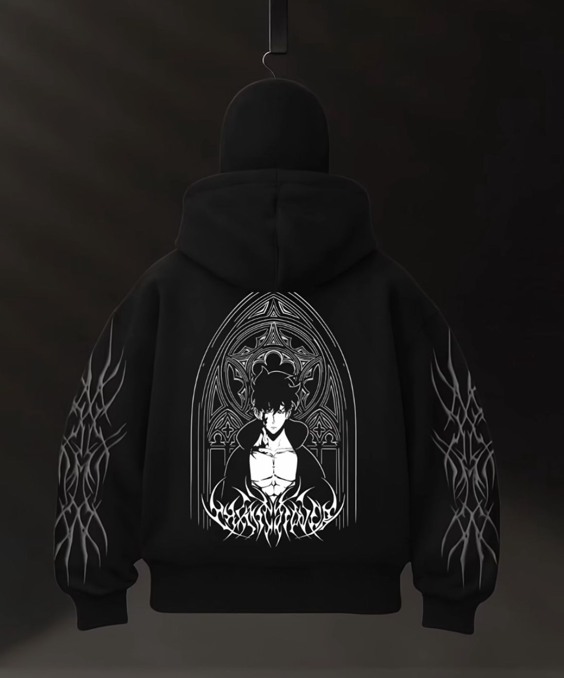 Black zipper balaclava hoodie back view with large center emblem and flame sleeve graphics.
