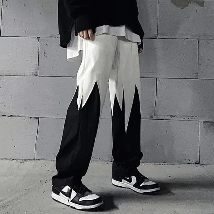 Men's straight track pants with black and white flame panels, wide straight legs