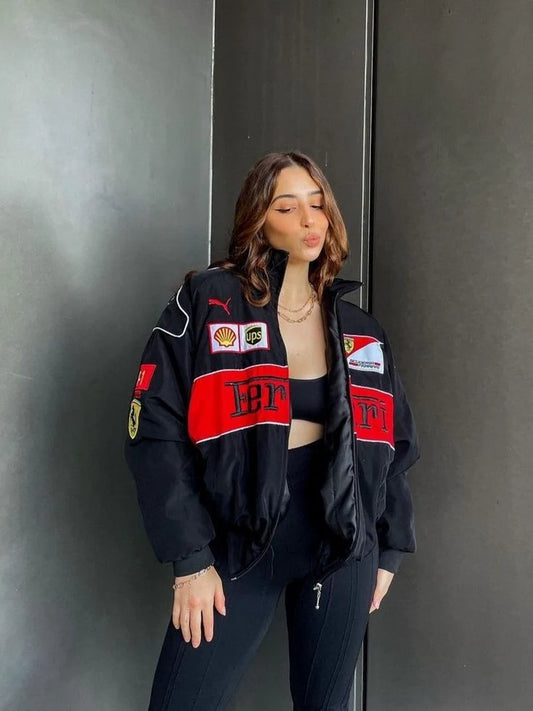 Embroidered Black Ferrari F1 Jacket — Motorsport Luxe