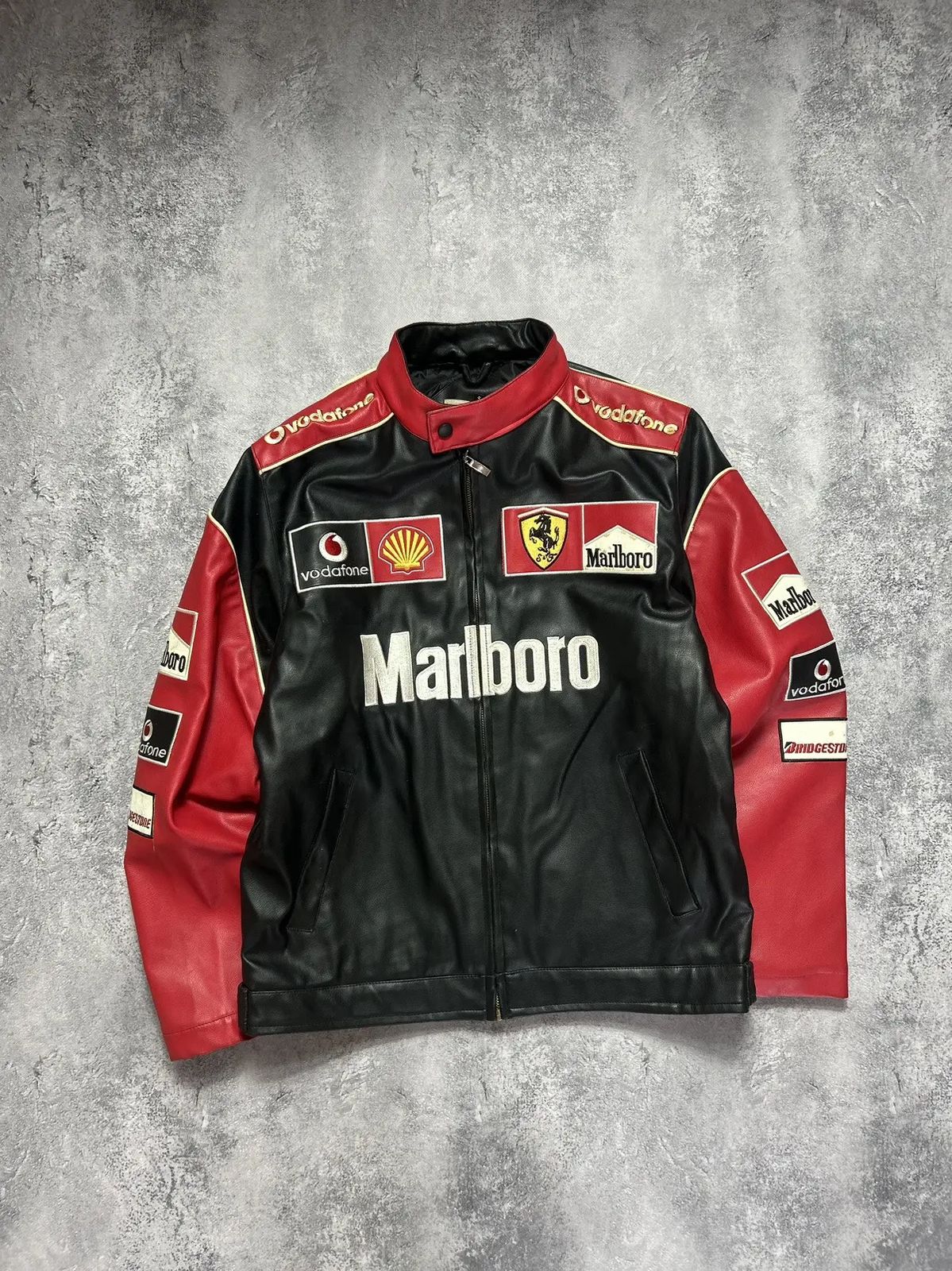 Marlboro-Style Black Leather Racing Jacket – Unisex Formula-Fit