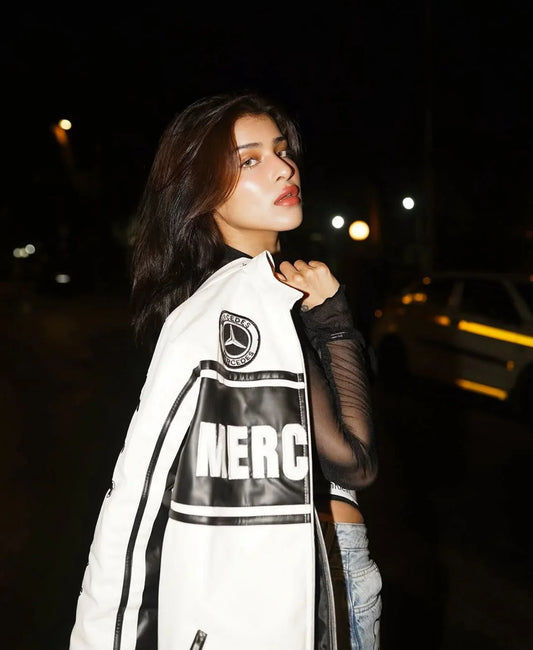 Mercedes‑Inspired Classic F1 Racing Leather Jacket – Embroidered Motorsport Elegance