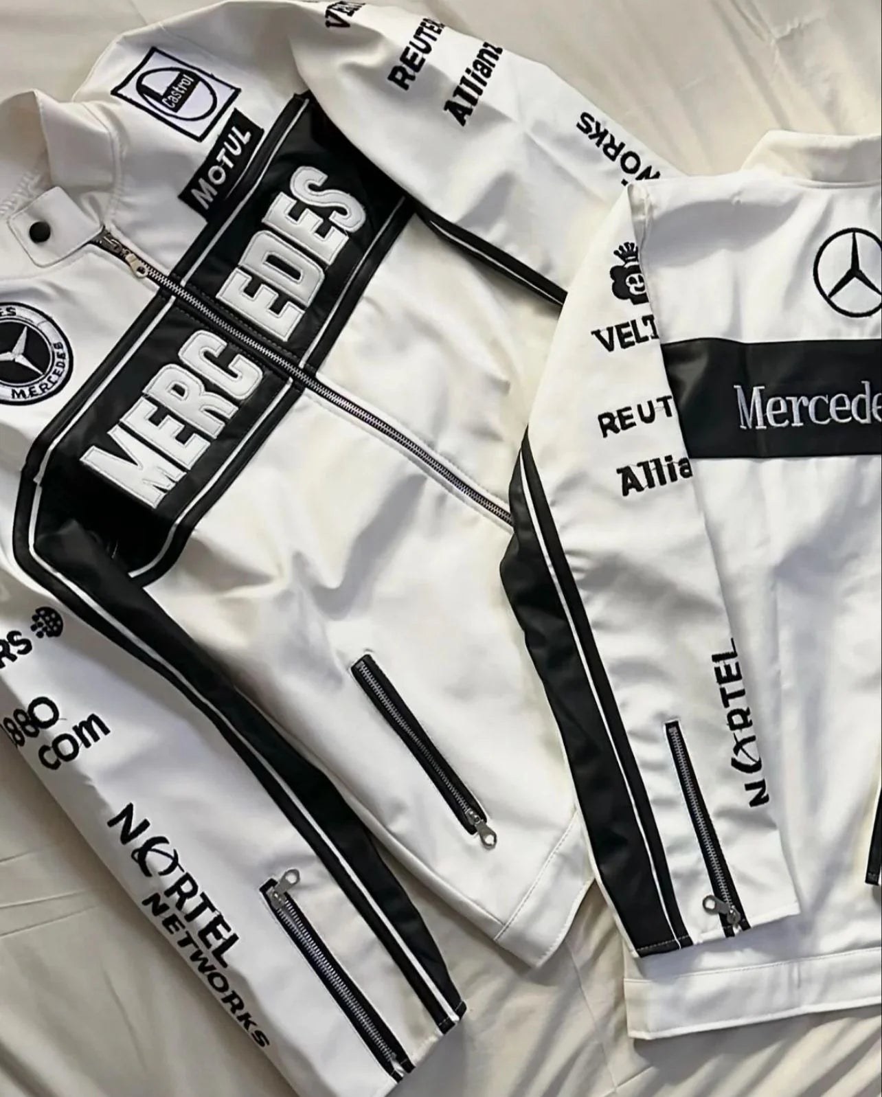 Mercedes‑Inspired Classic F1 Racing Leather Jacket – Embroidered Motorsport Elegance
