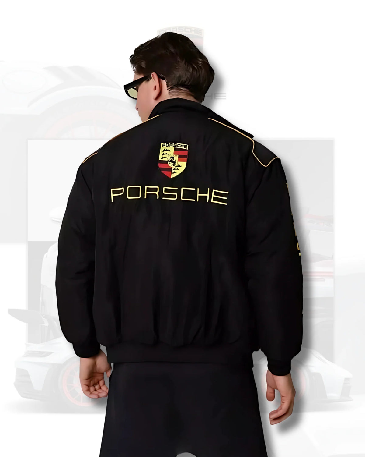 Black motorsport jacket back view with yellow Porsche logo and crest patch