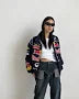 Vintage embroidered jacket, dark navy, full-zip front with multicolor logo patches