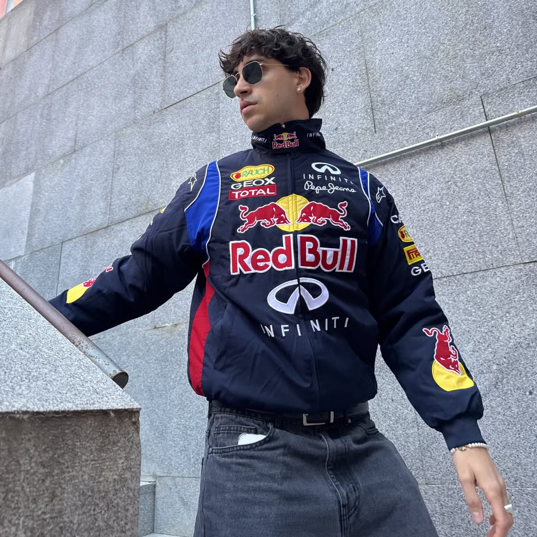 Vintage embroidered racing jacket with Red Bull and Infiniti logos on the back