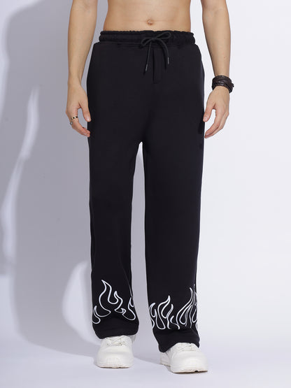 Flame Printed Baggy Pants | Bold Black Streetwear
