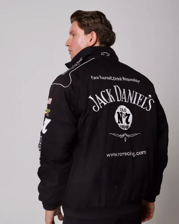 F1 Jack Daniel Puffer Jacket – Unisex Motorsport Style with Embroidery Flair