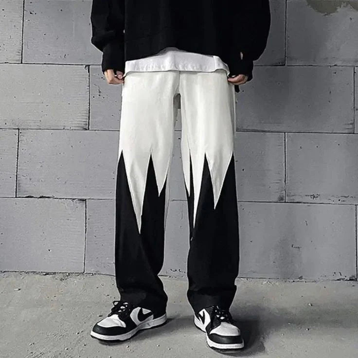 Men's straight track pants with black and white flame panels, elastic cuffs