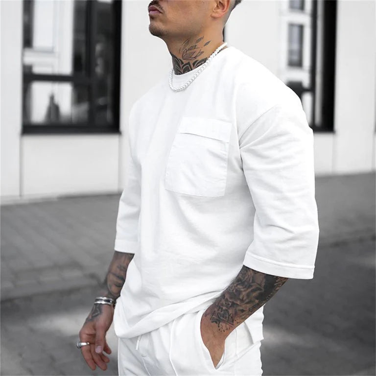 Men's oversized white co-ord tracksuit set with chest pocket and half sleeves