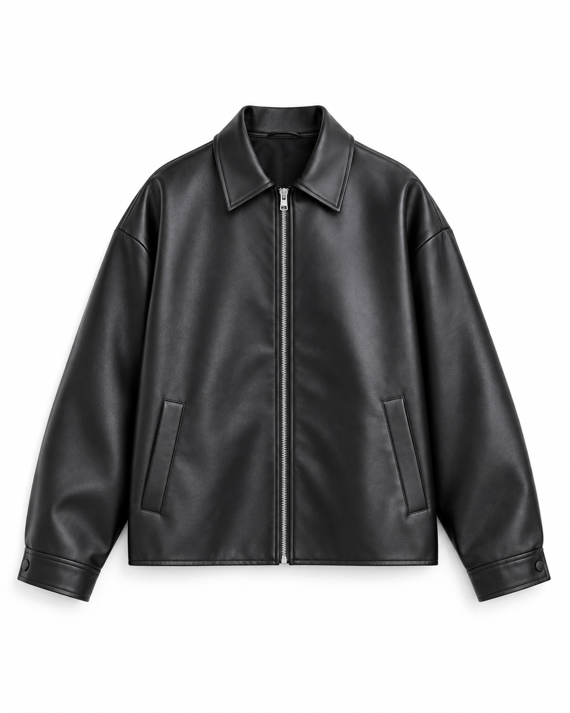 Men's black leather jacket with stand collar, zip front, and side pockets.