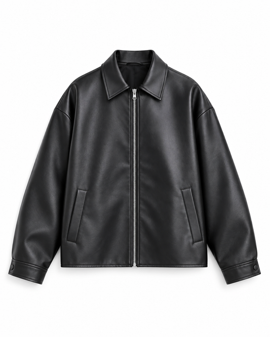 Men's black leather jacket with stand collar, zip front, and side pockets.