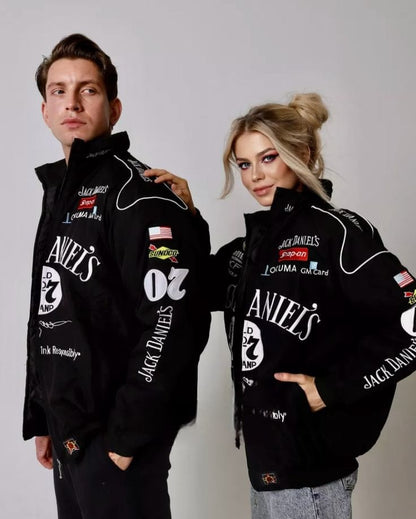 F1 Jack Daniel Puffer Jacket – Unisex Motorsport Style with Embroidery Flair