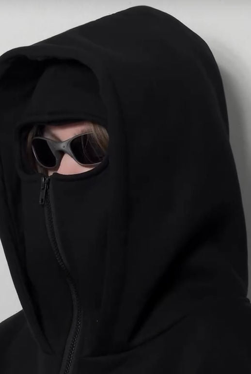 Black face-covering balaclava zip-up hoodie with central zipper and mask-style hood.