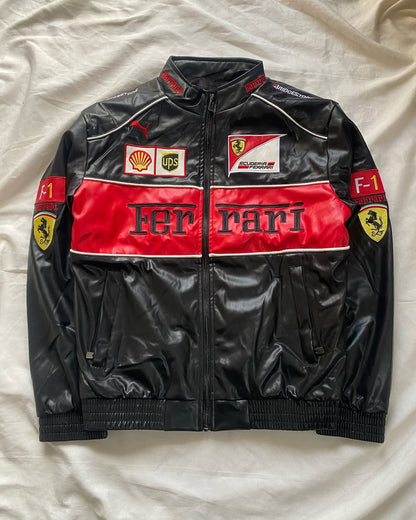 Black Ferrari Leather Jacket – Motorsport Edge Meets Streetwear Swag