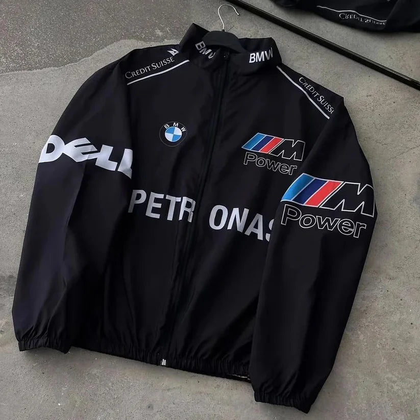 Black zip-up racing jacket with BMW crest and M Power graphic on sleeves and chest