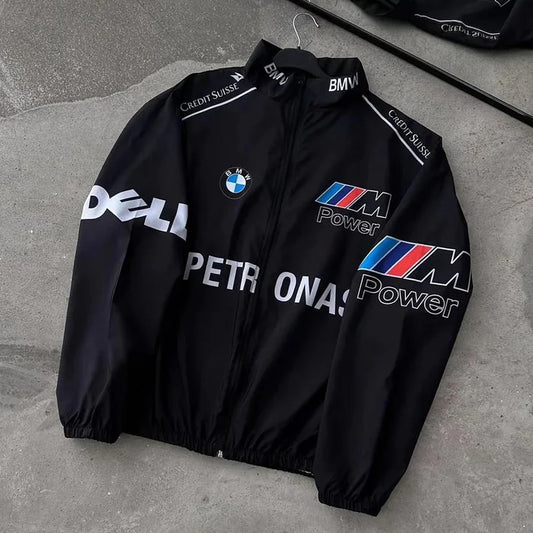 Racing BMW Black Jacket – Bold DTF Print Motorsport Style