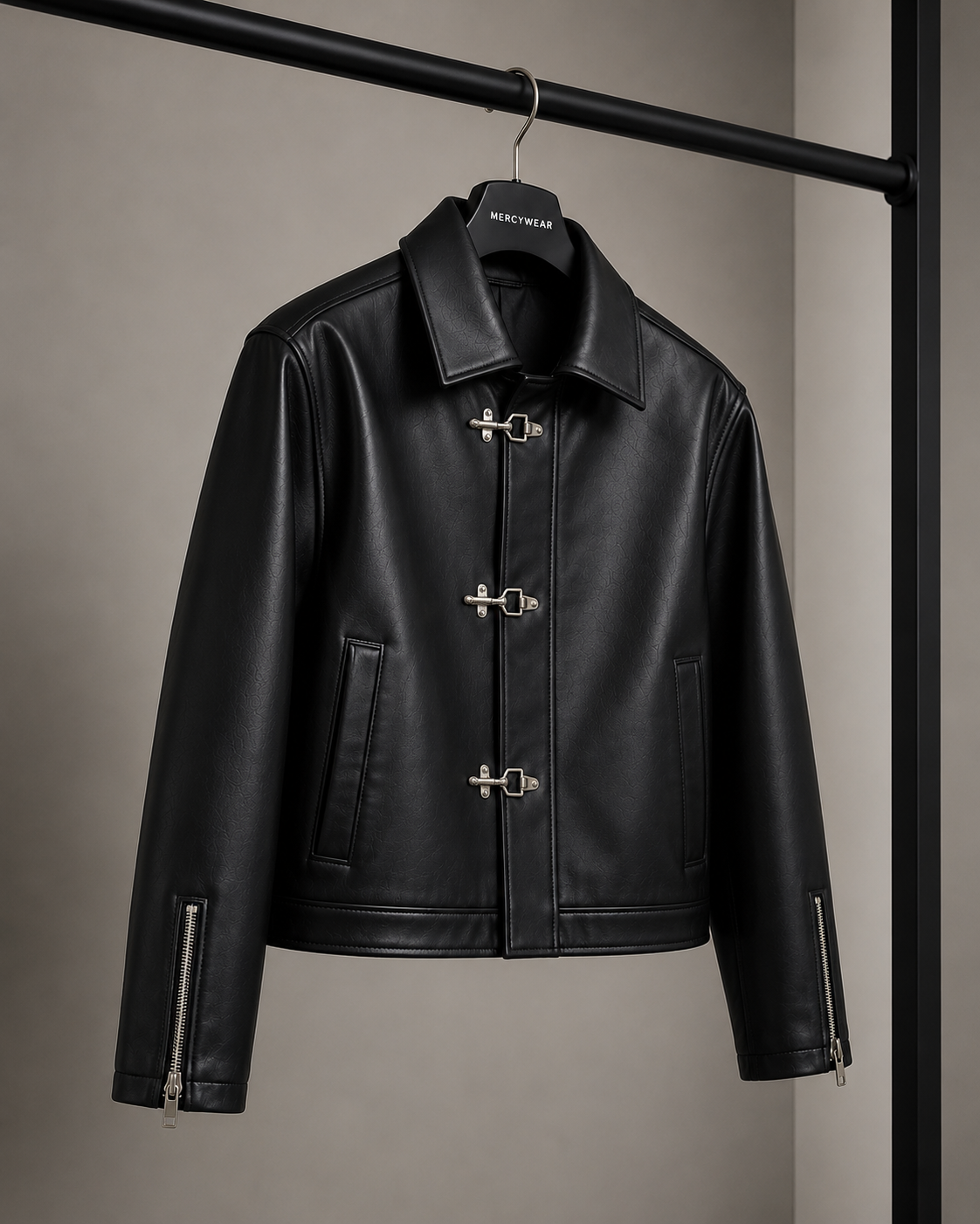 Korean style men's black leather jacket with metal clasps
