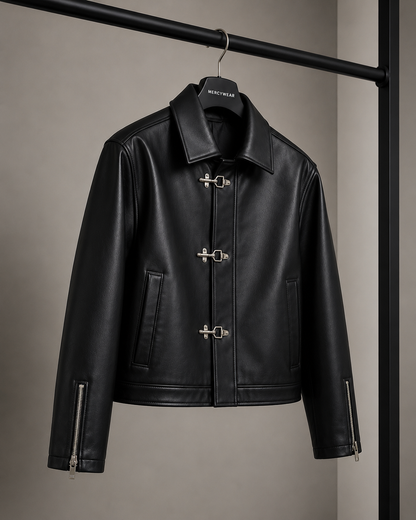 Korean style men's black leather jacket with metal clasps