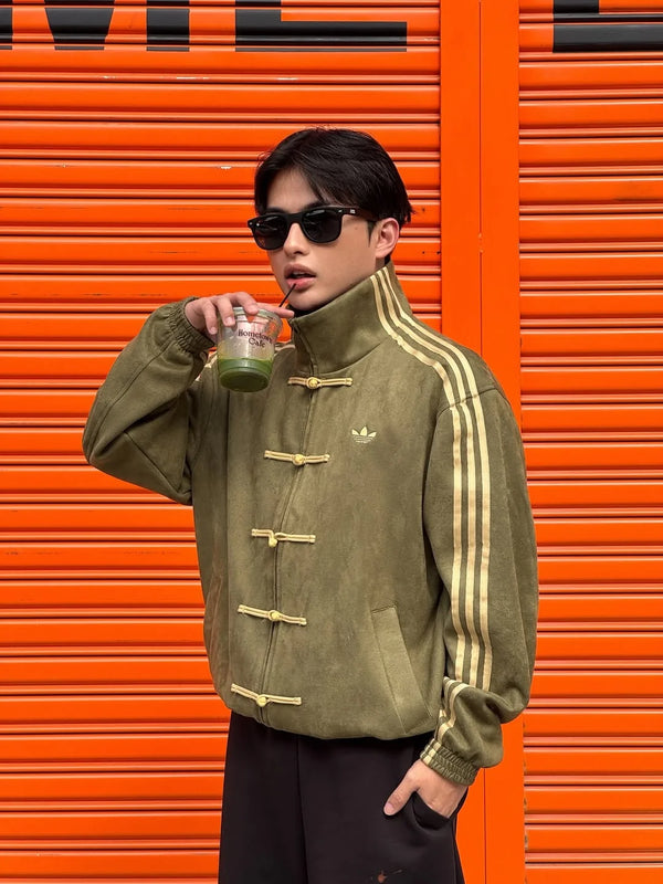 olive green Chinese New Year jacket front view with toggle button design