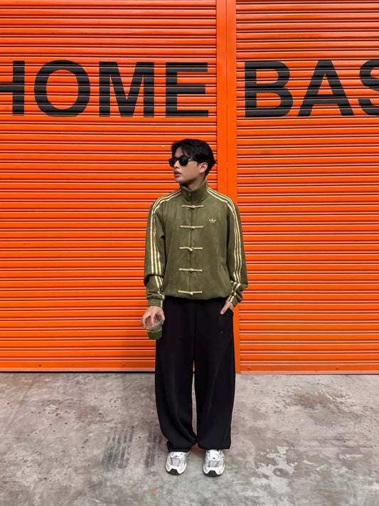 CNY inspired olive green streetwear jacket Chinese style outfit