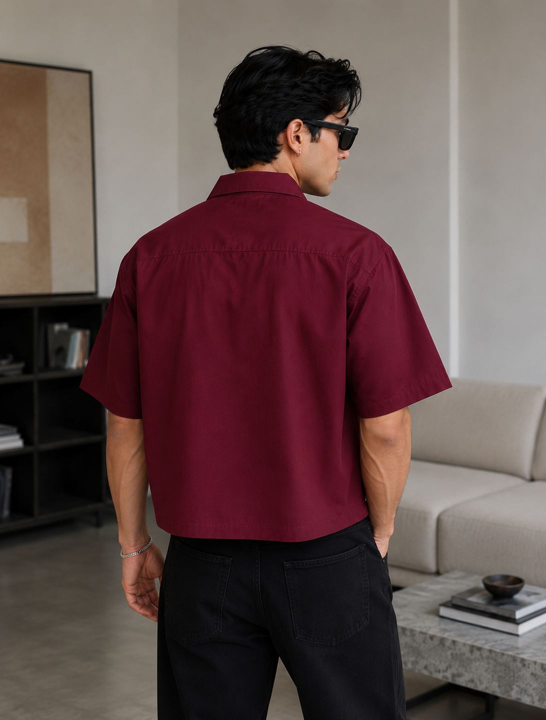Burgundy Chinese leaf Button Cropped Shirt – Premium Oversized Boxy Fit