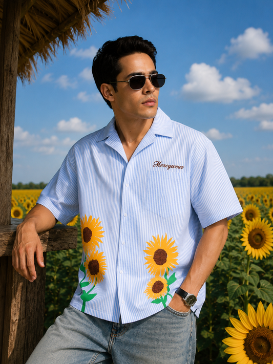 Sunflower Blue Striped Oversized Shirt – Korean Summer Fit