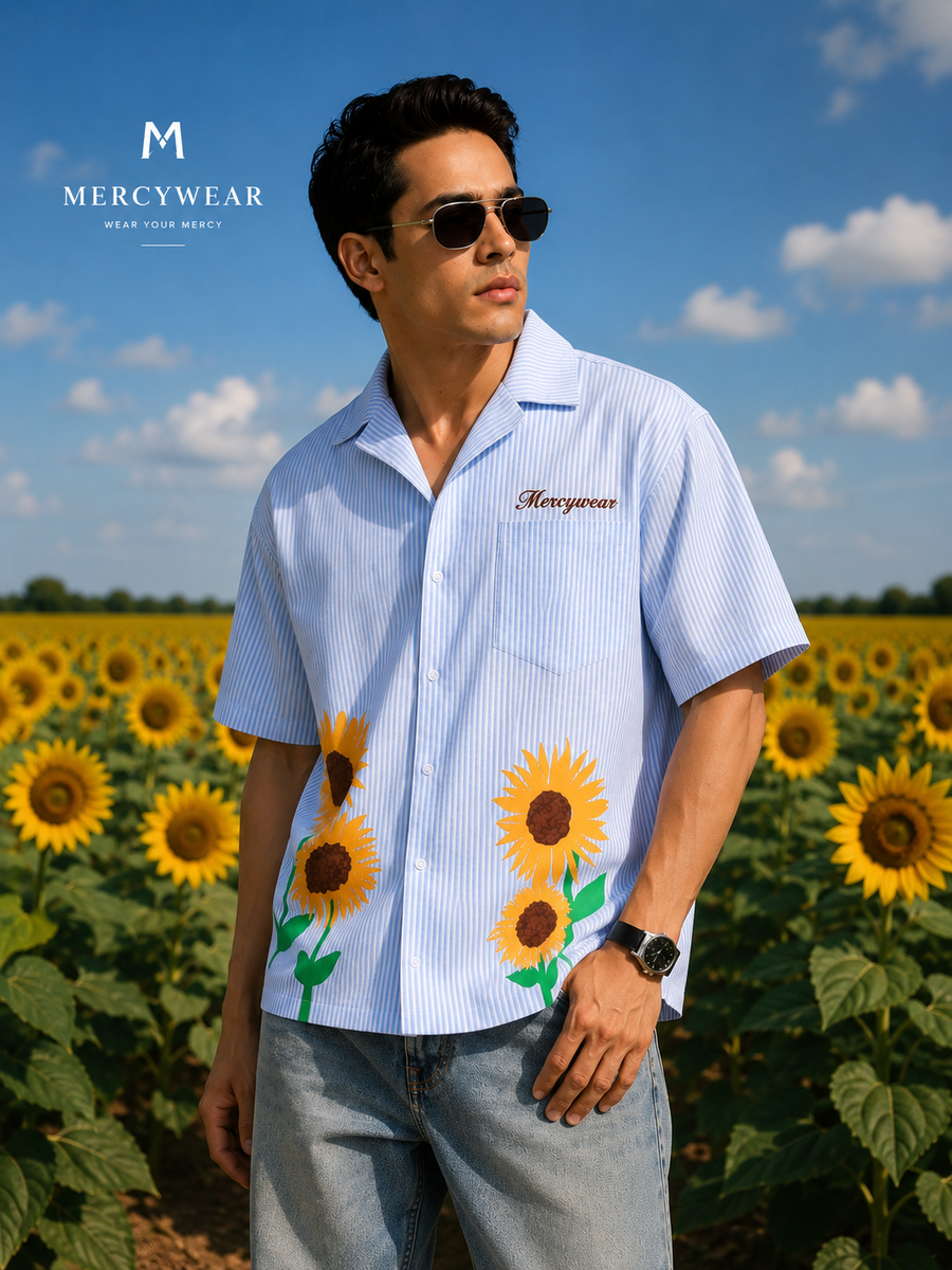 Sunflower Blue Striped Oversized Shirt – Korean Summer Fit