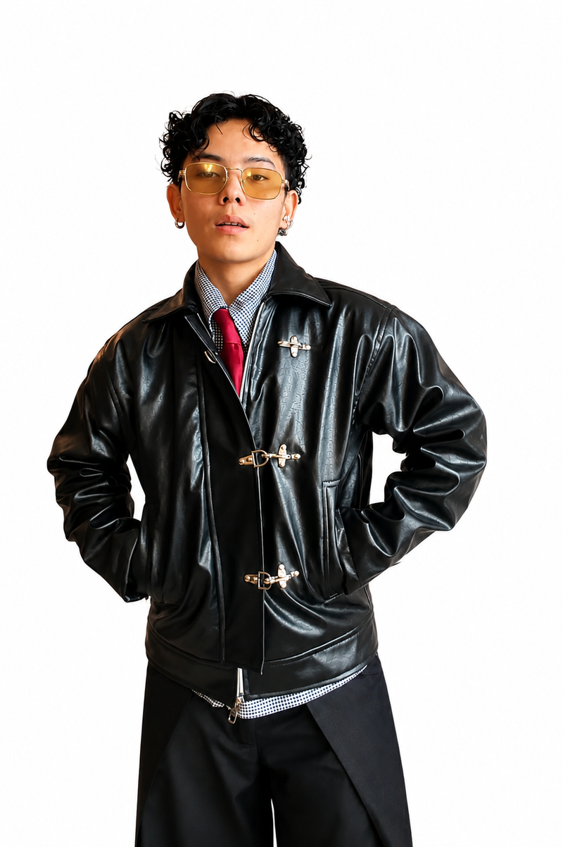 Mercywear Black Cropped Metal Clasp Leather Jacket