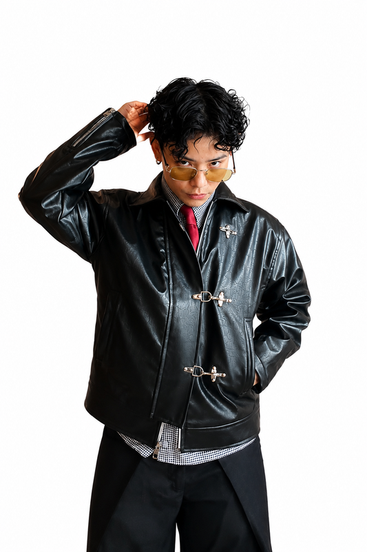 Mercywear Black Cropped Metal Clasp Leather Jacket
