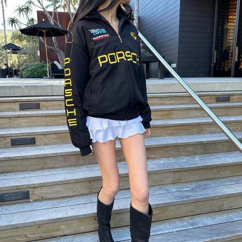 F1 jacket, Porsche jacket, racing jacket, black F1 jacket, Mercy Wear jacket, streetwear jacket, motorsport fashion, premium streetwear, oversized racing jacket, Gen Z fashion

