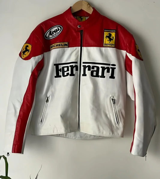 Ferrari White and Red Leather Jacket — Streetwear Power Meets Racing Prestige