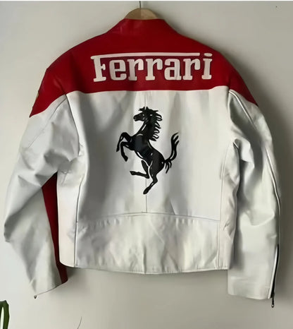 Ferrari White and Red Leather Jacket — Streetwear Power Meets Racing Prestige
