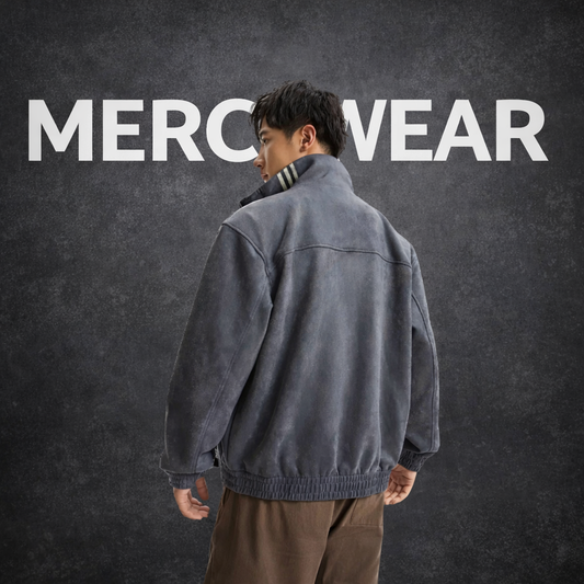 Front view of MercyWear vintage stripe grey streetwear jacket