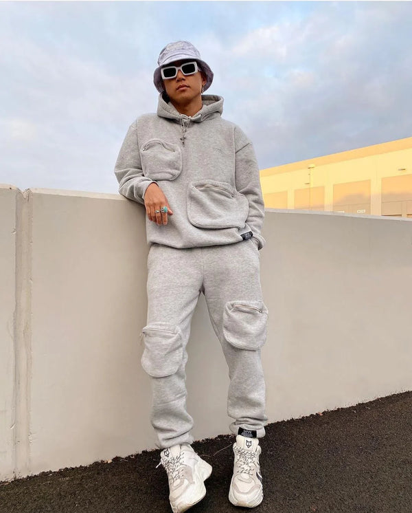 Men’s Y2K Oversized Grey Tracksuit – Zip Pocket Streetwear Edition